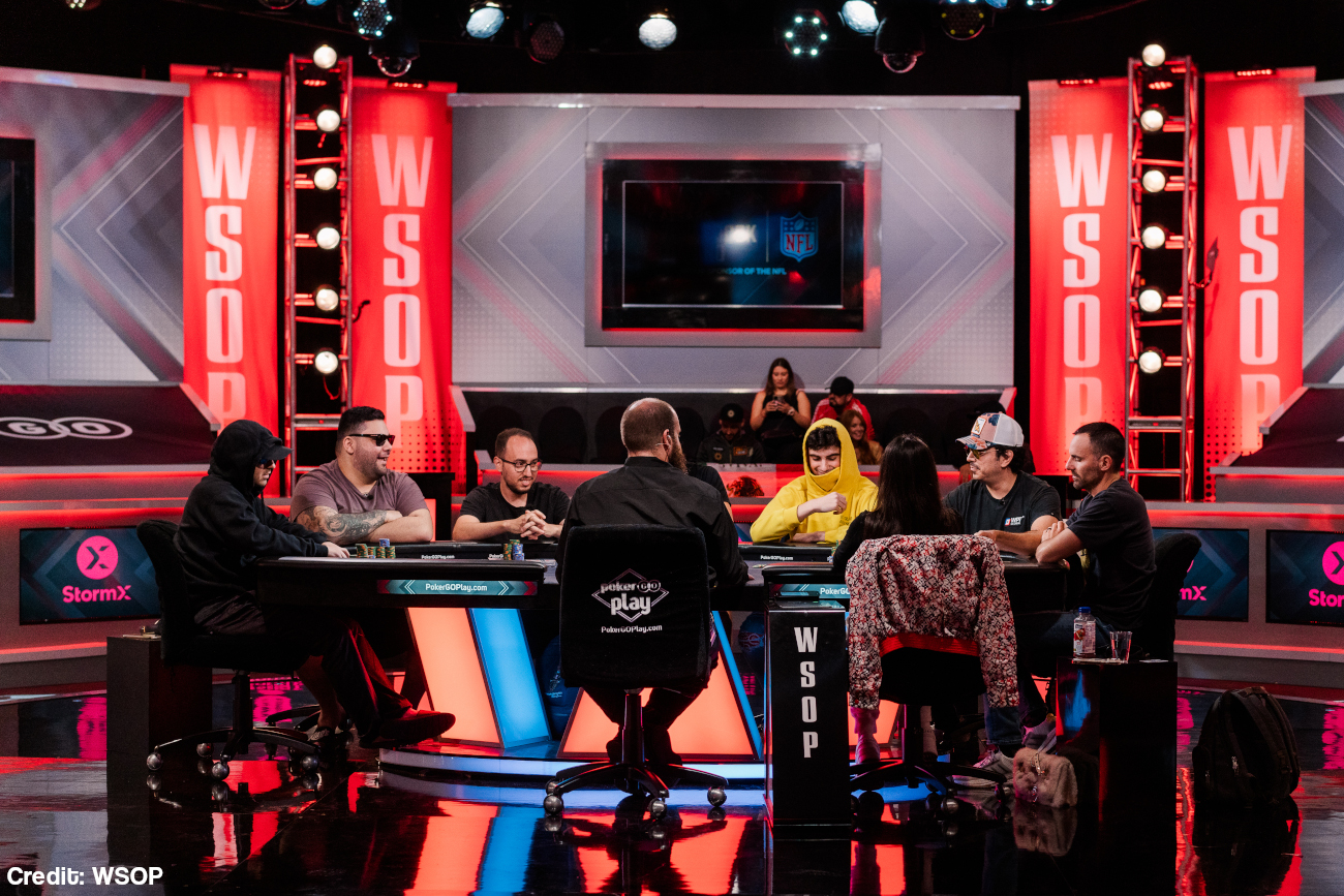 The remaining players are seen at the final table during Event 35 -- 10k Secret Bounty No-Limit Hold em